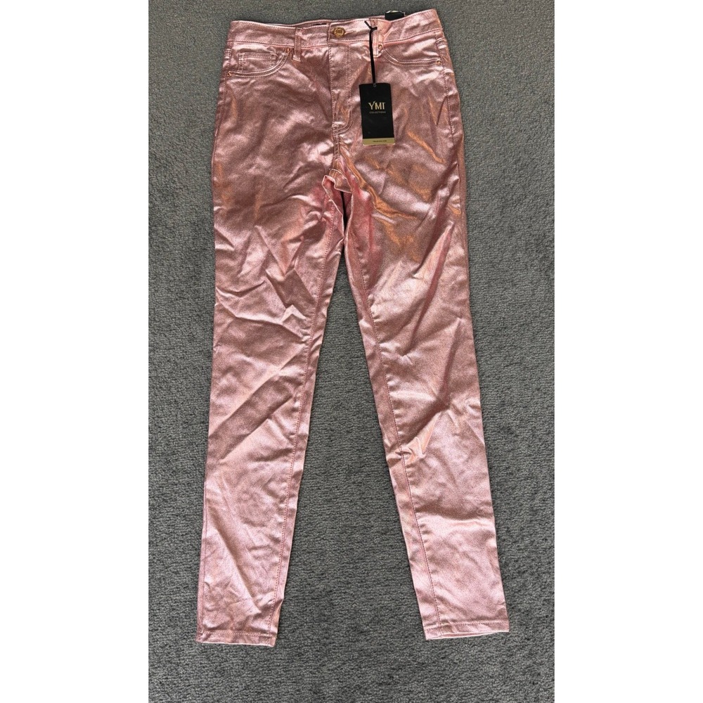 YMI Collections Metallic Pink Skinny Pants Rose Gold Coated Stretch Medium NWT